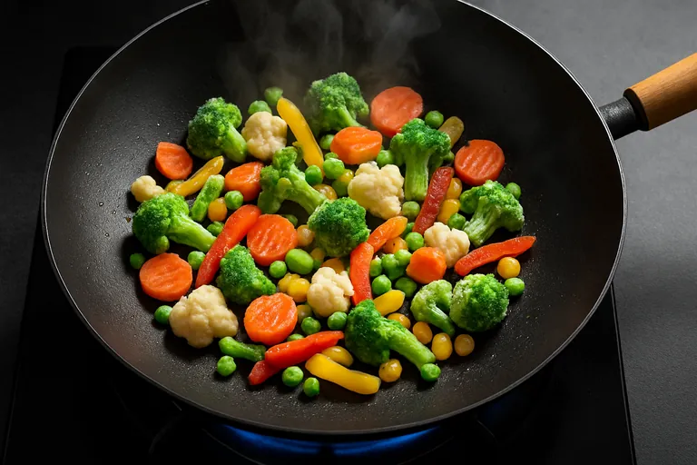 Overhead view of frozen mixed vegetables spread in a single layer in a hot wok, frost melting and steam rising, with no oil in the pan.