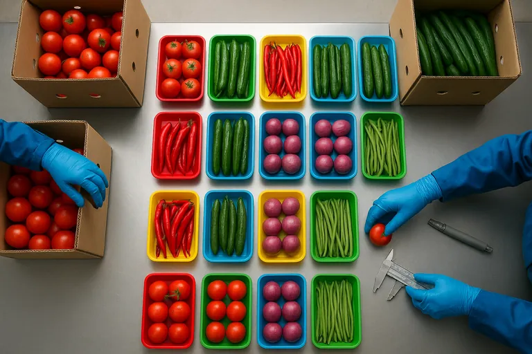 Overhead view of gloved inspectors pulling sample pieces from multiple open cartons and arranging them in small trays on a stainless-steel table for piece-level checks