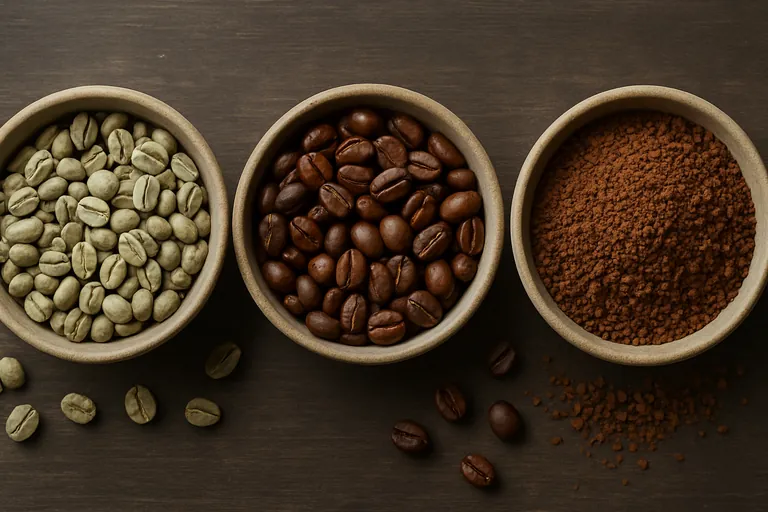 Overhead view of three bowls showing green unroasted beans, roasted beans, and instant coffee granules to visually distinguish product types.