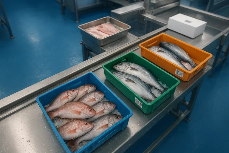 Overhead view of three colored fish totes merging onto one conveyor into a fillet packing line, with barcodes on totes and cartons to illustrate commingling tracked to a new output.