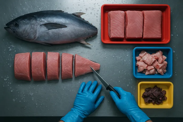 Вид сверху: раскладка выхода тунца — цельный тунец, разделённый на лойны, брюшину/обрезки, кости/кожу и тёмные обрезки, каждый уложен в отдельные лотки с цветовой маркировкой на нержавеющем столе, масштаб рассчитан на реалистичные пропорции, с перчаточными руками в процессе разделки в охлаждаемом помещении.