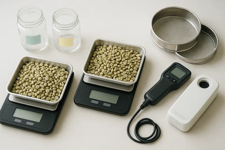 Overhead view of two green coffee samples weighed separately, with a water activity meter, a handheld moisture meter, and screen sieves nearby—illustrating practical verification of size, moisture, and water activity.