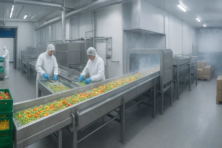 Panoramic depiction of key steps in an IQF vegetable line: receiving, washing, cutting, blanching, tunnel freezing, metal detection, packing, and frozen storage.