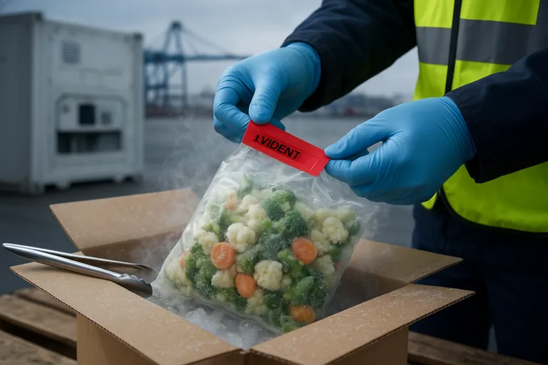 Port food safety inspector seals a clear sample pouch of frozen vegetables taken from an opened carton on a pallet; stainless steel tongs, frost, and a reefer container in the softly blurred background.