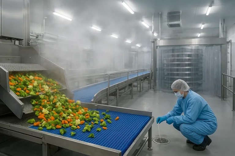 Post-blanch high-care area: steaming vegetables exit a blancher onto a chilled dewatering shaker, then move along sanitized blue conveyors toward a spiral freezer while a technician in full hygiene PPE swabs a drain cover.