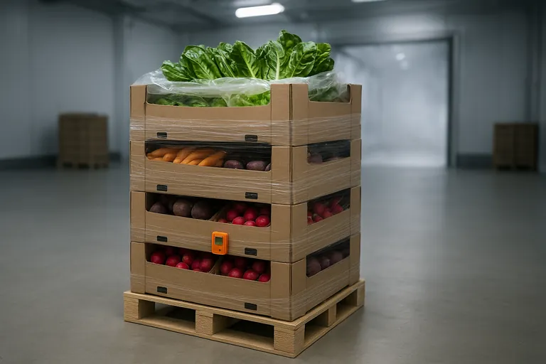 উপযুক্তভাবে প্যালেটাইজ করা মিক্সড কোল্ড-ব্যান্ড সবজি, ভেন্টিলেটেড কার্টন, কর্ণার বোর্ড এবং ভেন্টেড র‍্যাপসহ একটি ঠাণ্ডা স্টেজিং এলাকায়, তাপমাত্রা লগার সংযুক্ত।