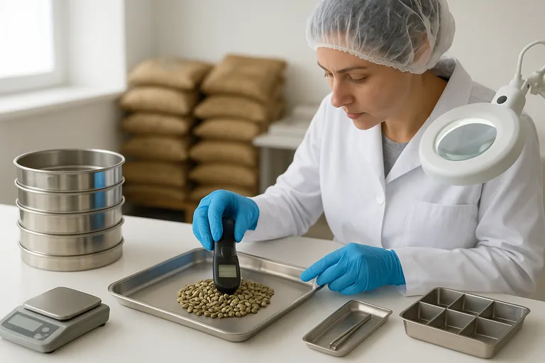 Adegan kontrol kualitas untuk pengiriman percontohan: seorang teknisi laboratorium memakai sarung tangan menggunakan pengukur kelembapan digital pada biji kopi hijau sementara ayakan logam pengukuran, nampan penyortir cacat, dan karung kopi goni tersusun di latar belakang laboratorium cupping yang terang.