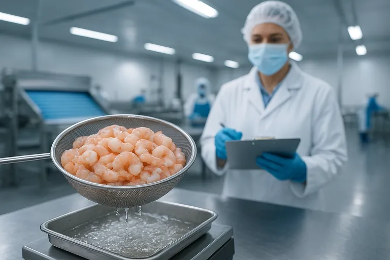 Quality inspector in a seafood processing plant determining drained net weight: shrimp in a stainless sieve held over a tray with melting ice glaze dripping, placed on a bench scale with the display out of view, workers and an IQF line blurred in the background