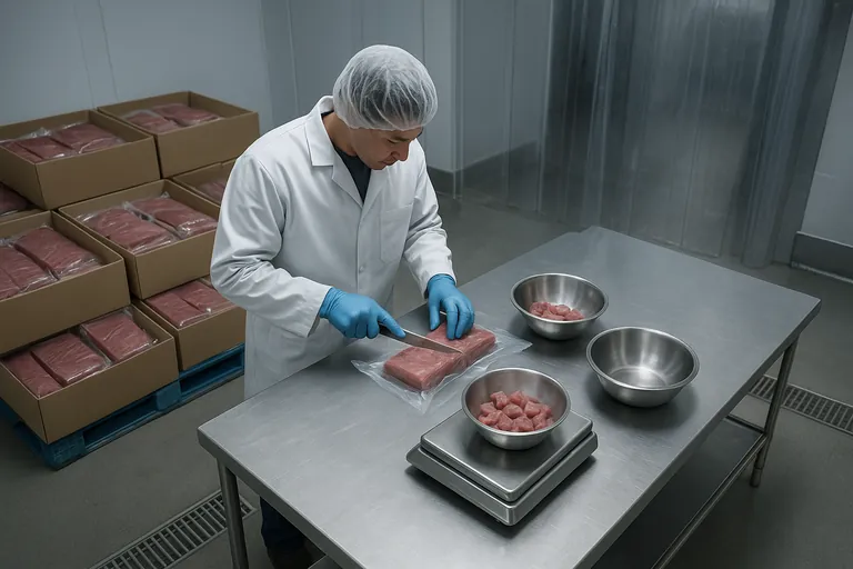 在冷藏加工间的质量技术员从多箱金枪鱼中采集增量样以在秤上制成混合集样，旁边另置一个碗用作副本样品