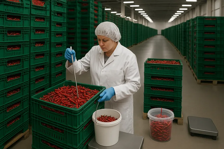 Quality technician taking incremental chili samples from multiple pallets and layers into a composite bucket in a packhouse, with a sealed duplicate sample nearby
