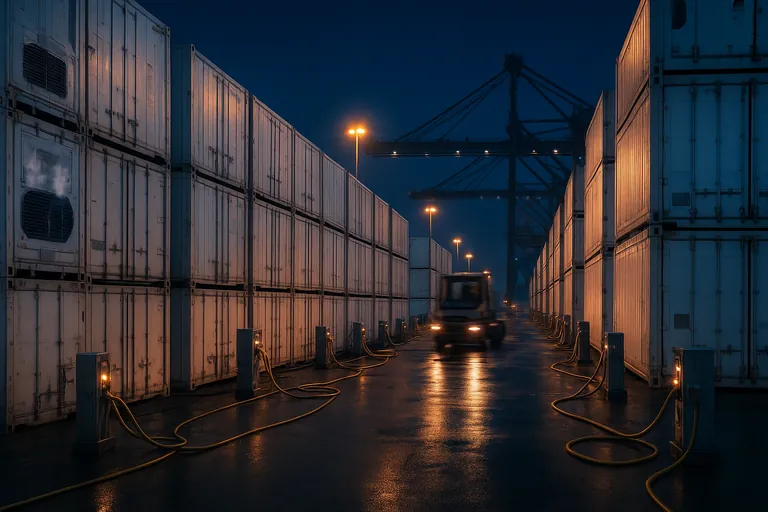 Rows of refrigerated containers at a nighttime port plugged into power pedestals, with thick cables, frosty vapor, and crane silhouettes in the background.
