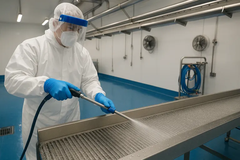 飲用可能な水でアルコール系消毒後にステンレスコンベアをすすぐ衛生作業員（冷凍野菜工場）