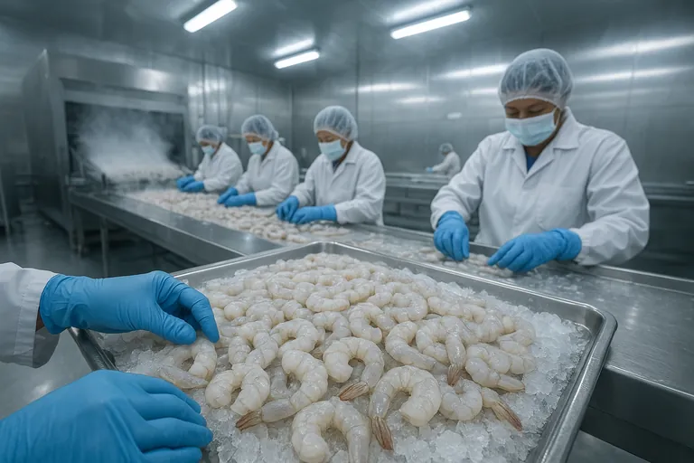 Seafood plant workers peeling and grading vannamei shrimp on stainless tables, with an IQF tunnel freezer emitting cold vapor in the background.