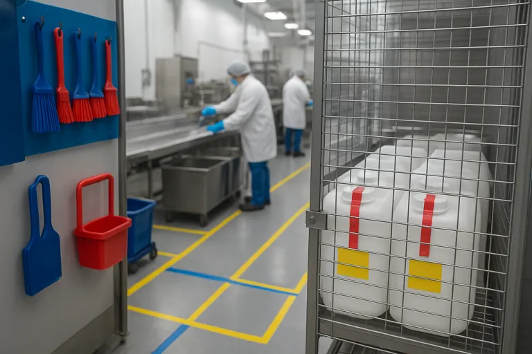 Segregated storage and tool control area in a surimi plant: locked ingredient cage, color‑coded utensils, marked floor zones, and a technician swabbing a conveyor during changeover.