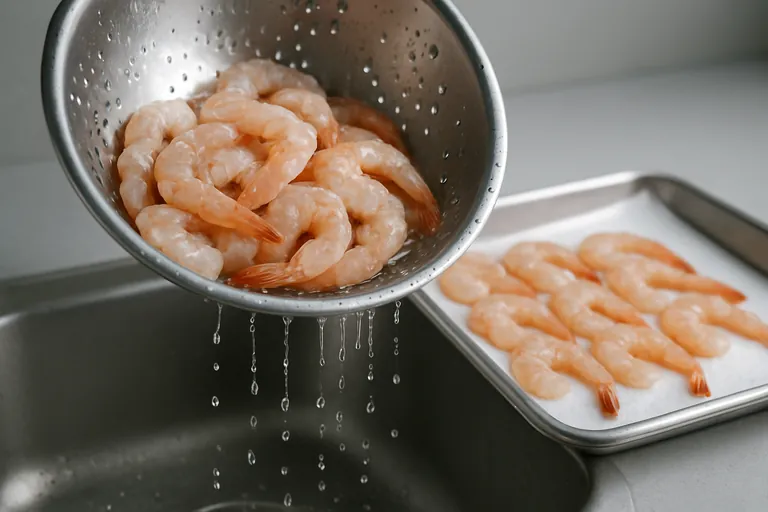 एक झुके हुए स्टेनलैस कोलैंडर में निथरते झींगा और सिंक में बूंदें गिरी हुईं, साथ ही सोखने वाले पेपर से लाइन की गई ट्रे पर एक परत में व्यवस्थित डिग्लेज़ किए गए झींगा।