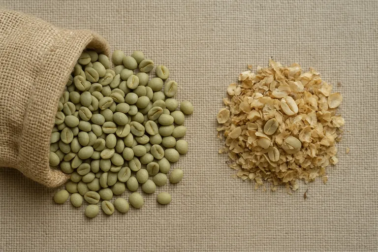 Side-by-side close-up showing clean hulled green coffee beans next to parchment coffee with husks and skins, highlighting the visual differences in processing stage.