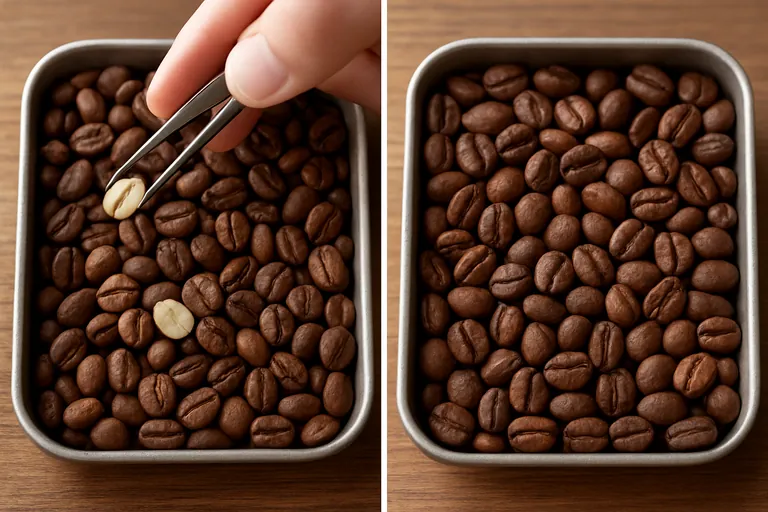 Side-by-side close-up: one tray of roasted coffee beans with several pale quakers among medium-brown beans, and a second tray with a more uniform roast and far fewer pale beans. A hand lifts a pale bean with tweezers.