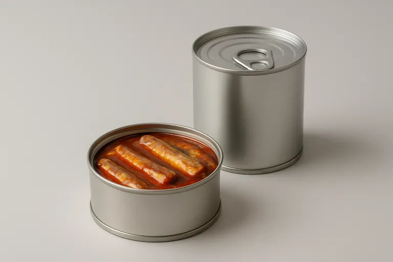 Side-by-side comparison of a small single-serve sardine can opened to show sardines in tomato sauce next to a taller family-size can with an easy-open lid, both unbranded on a neutral backdrop with soft studio lighting.