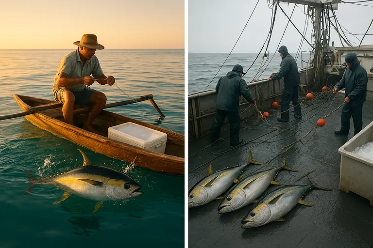 Side-by-side comparison of handline and longline tuna fishing: a small outrigger hauling a single yellowfin onto ice in calm, clear water versus a larger longline vessel working multiple lines in choppier seas under overcast skies.