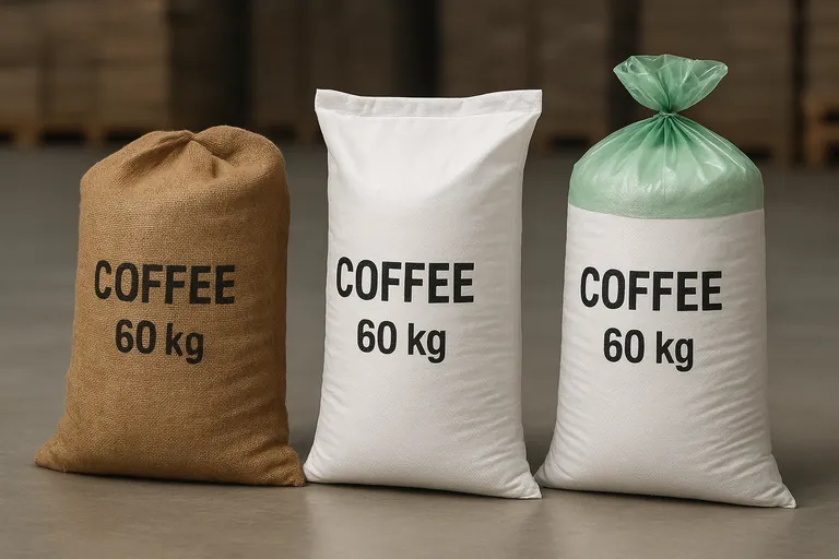 Побочный сравнительный вид трёх типов мешков для кофе: джут, ПП тканый и ПП тканый с полупрозрачным герметичным лайнером, видимым у горловины, стоящими на складе.