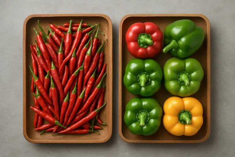 Side-by-side comparison: a tray of small slender red hot chilies versus a tray of large glossy sweet bell peppers in red, green, and yellow.