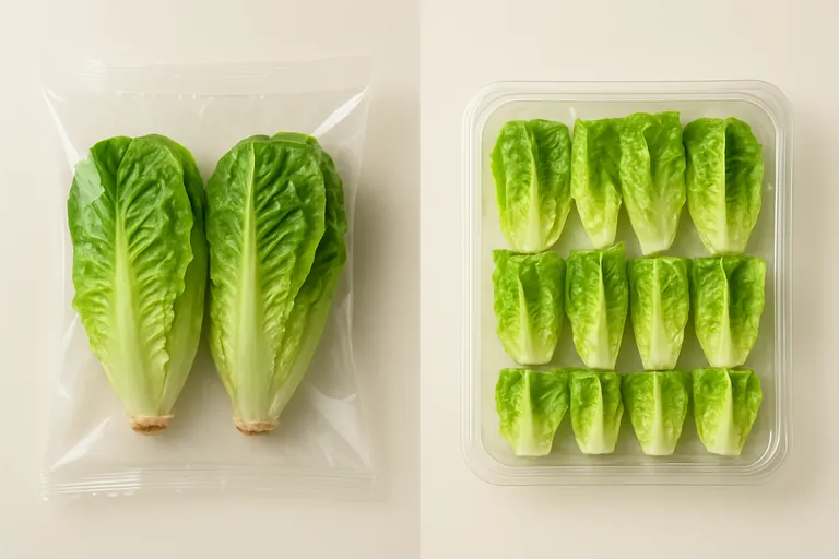 Side-by-side comparison: left, whole baby romaine heads in a simple clear bag; right, pre-cut romaine hearts arranged in a clear tray—highlighting how product state differs even when it’s the same vegetable.