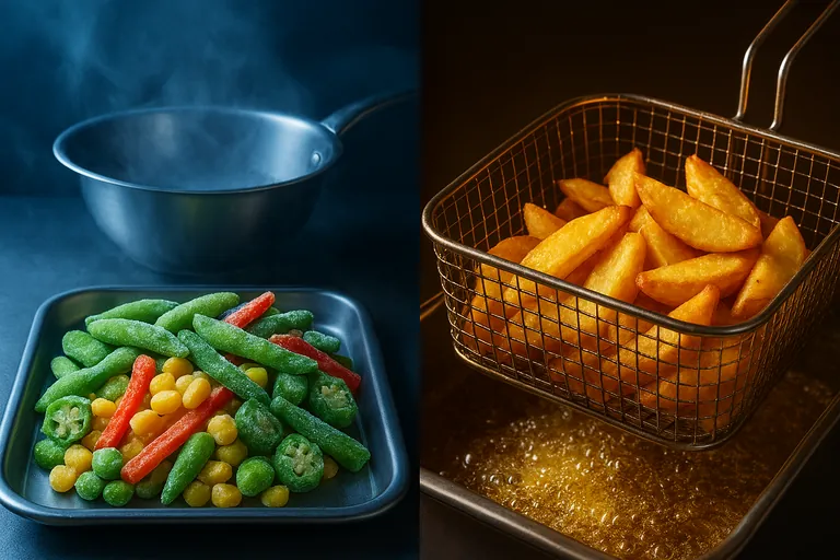 Side-by-side comparison: on the left, unseasoned blanched frozen vegetables with frost; on the right, golden pre-fried potato wedges glistening with oil—visually illustrating the 0710 vs 2004 classification distinction.