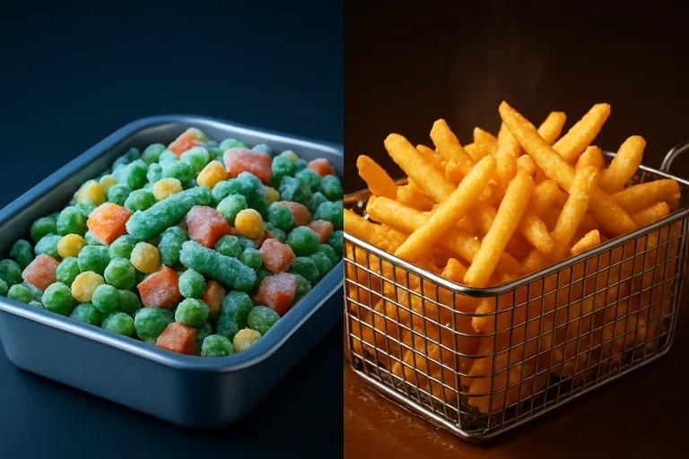 Side-by-side contrast of plain frozen mixed vegetables and hot pre-fried potato fries, emphasizing the visual difference between unprepared frozen goods and prepared foods.