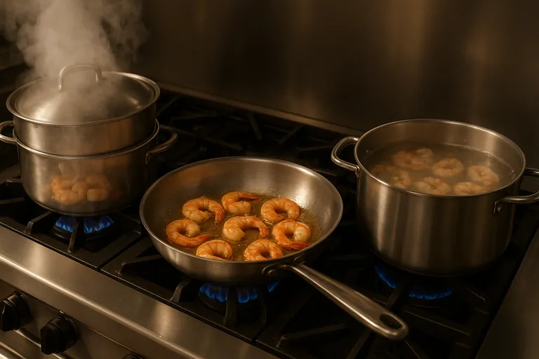 Side-by-side cooking methods on a commercial range showing shrimp being steamed, sautéed, and boiled, highlighting the color change from translucent gray to opaque pink.