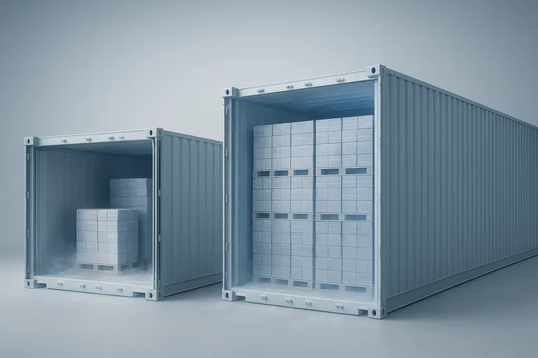 Side-by-side cutaway of a 20-foot reefer and a taller 40-foot high-cube reefer, each showing stacked pallets of frozen shrimp cartons inside, with visible cold vapor to emphasize capacity difference.