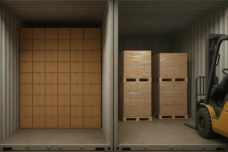 Side-by-side cutaway of a 20ft container showing floor-loaded cartons on one side and palletized cartons on the other to illustrate capacity trade-offs.