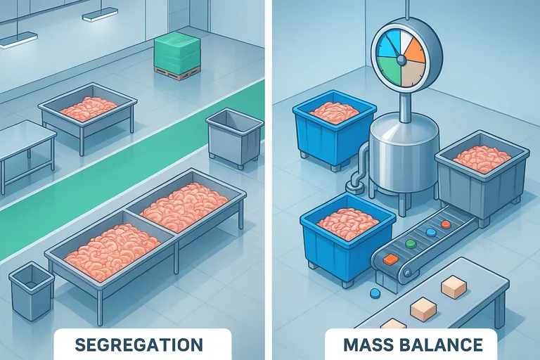 Side-by-side factory scenes comparing segregation and mass balance: left shows a dedicated green-lane line with physically separated shrimp bins and pallets; right shows mixed inputs feeding a single line via a central mixing tank, with colored tokens and a gauge-like dial indicating allocation of certified volume.