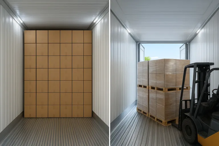 Side-by-side interiors of two 40-foot refrigerated containers: one tightly floor-loaded with corrugated cartons stacked to the ceiling, the other palletized with shrink-wrapped cartons on pallets and visible air channels, both showing the aluminum T-floor and white insulated walls.