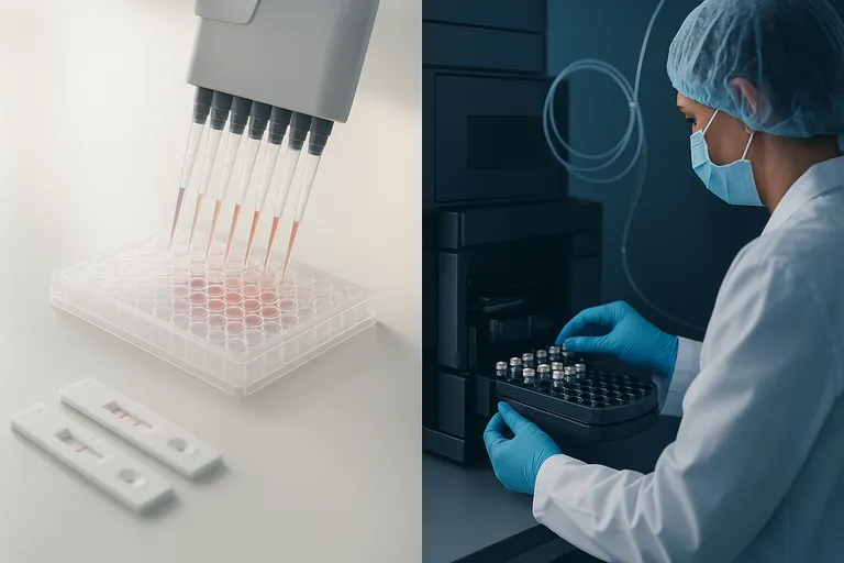 ساتھ ساتھ لیب کا منظر جو تیز اسکریننگ ٹولز (مائیکروپلیٹ اور لیٹرل فلو سٹرپس) کو تصدیقی LC-MS/MS آلہ اور آٹو سیمپلر وائلز کے ساتھ موازنہ کر رہا ہے۔