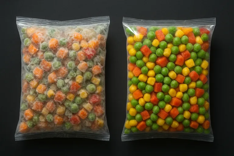 Вид сверху рядом двух прозрачных пакетов с замороженными овощами: слева — овощи с морозобоем, бледные кусочки с крупными кристаллами льда; справа — яркие, хорошо сохранившиеся овощи с тонким инеем.