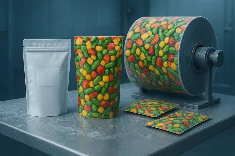 Side-by-side packaging examples on a stainless worktable in a chilled room: a plain matte white stand-up pouch, a glossy pouch with colorful abstract vegetable patterns, and a large roll of matching printed film on a spindle with a few finished pouches nearby.