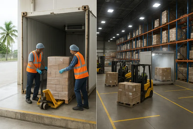 Side-by-side scenes showing an FCL factory loading versus an LCL CFS consolidation for refrigerated seafood in Indonesia