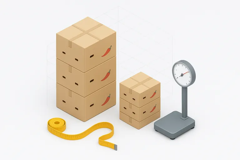 Side-by-side stacks of larger and smaller produce cartons with measurement arrows, a tape measure, and an analog floor scale, visually contrasting volumetric vs. actual weight for fresh chilies.