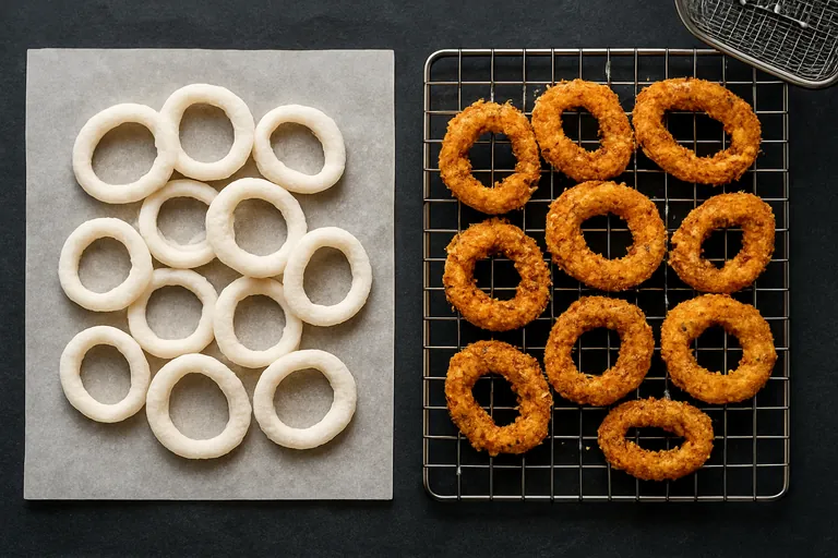 Side-by-side view comparing lightly predusted raw squid rings with heavily battered, golden breaded rings on a wire rack, highlighting the difference between minimal predust and true breading.