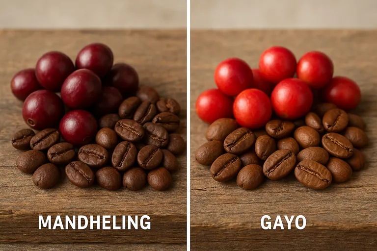 Seitenansicht zum Vergleich von Kaffeekirschen und gerösteten Bohnen, die Mandheling und Gayo repräsentieren, mit Hervorhebung der Unterschiede in Bohnengröße, Farbe und Röstgrad unter weicher Studiobeleuchtung.