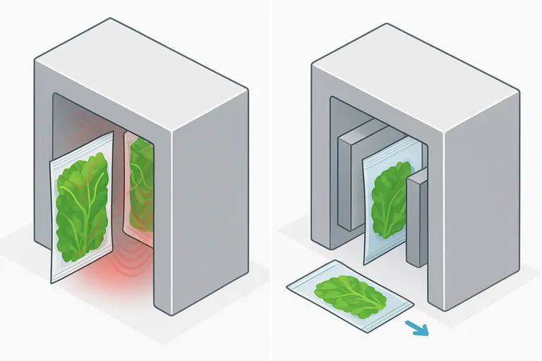 Side-by-side visualization showing poor versus optimized pack presentation through a conveyor metal detector: oversized aperture with tall, closely spaced packs on the left, and a tight aperture with narrow-edge-first, compressed, well-spaced packs on the right.