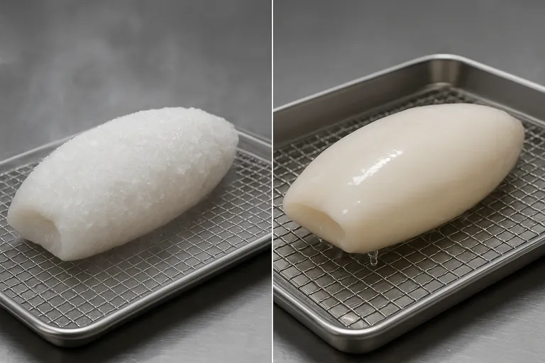 Side‑by‑side close‑ups of a squid tube before and after glaze removal: on the left, a frosty, translucent ice‑coated tube on a mesh rack; on the right, the same tube glossy and drip‑wet on a rack above a stainless tray, with cool, clean lab lighting.