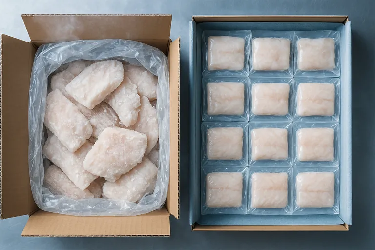Side‑by‑side view of loose frozen fish portions with heavy ice glaze in a bulk bag versus neatly organized individually vacuum‑sealed portions in a carton, showing the difference in packaging and glaze.