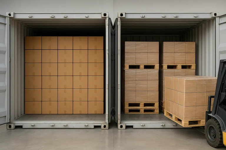 왼쪽은 카톤을 빽빽하게 바닥 적재한 20피트 컨테이너, 오른쪽은 목재 팔레트에 쉬링크 랩으로 쌓인 팔레타이즈된 상태를 보여주며, 바닥 적재에 비해 빈 공간이 더 많음을 명확히 보여주는 양측 비교 뷰.