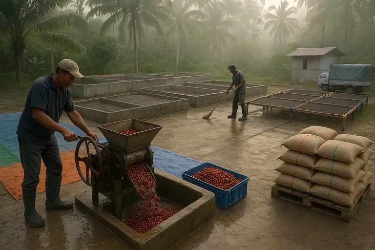 Small Indonesian village wet mill showing two clearly separated intake areas with different colored tarps, a pulper being flushed with ripe cherries, dedicated fermentation tanks, drying racks, and newly filled sacks sealed with colored ties beside a covered pickup.