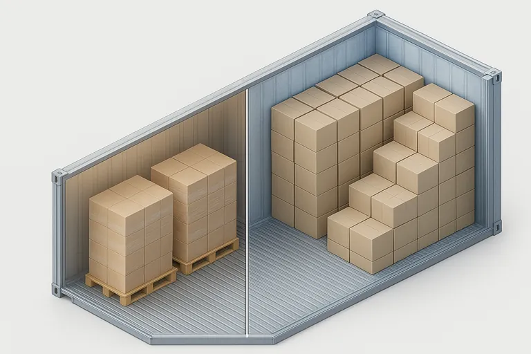 Split cutaway of a 40-foot refrigerated container interior comparing palletized stacks on the left with gaps versus dense column-stacked floor-loaded cartons on the right, showing more efficient use of space in the floor-loaded side.