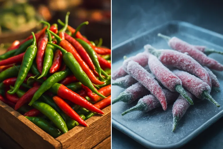 Split image comparing fresh chili peppers in a warm market setting with frost-coated frozen chilies on a cold metal tray