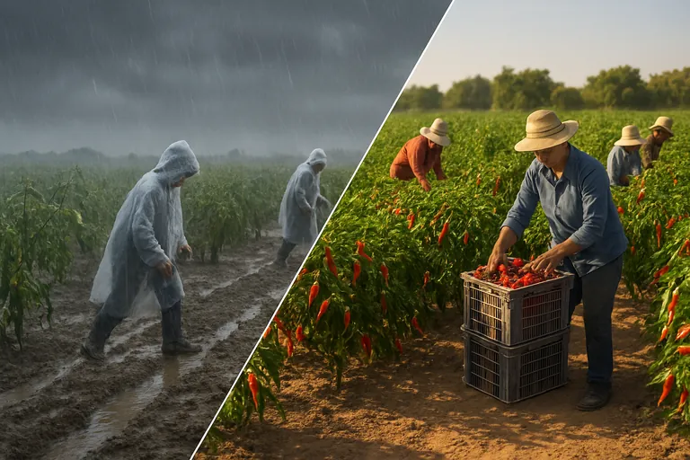 Split-scene comparing a rain-soaked chili field with drooping, diseased plants to a sunlit field heavy with ripe chilies, highlighting monsoon impact on yield and timing.