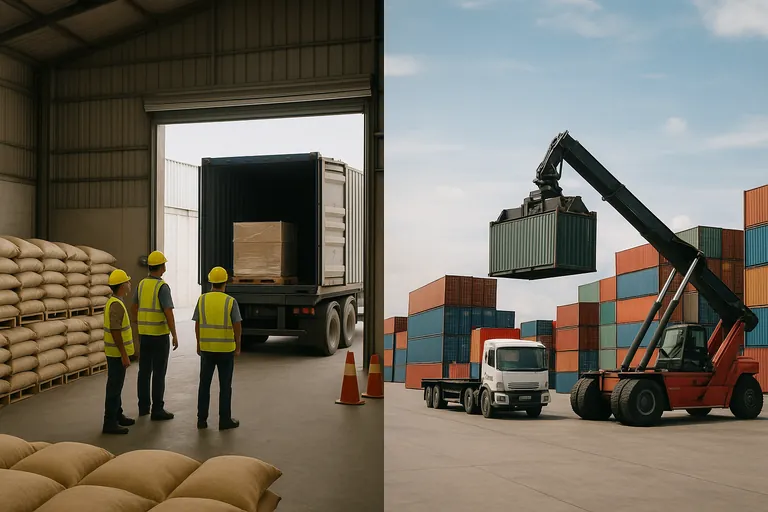 Split-scene comparison: left shows coffee sacks being loaded into a container at a seller’s warehouse gate; right shows handover at a busy container terminal with yard equipment and stacked containers.