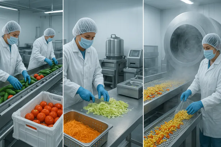 Split-scene showing three operations: whole vegetables being washed and packed, fresh-cut lettuce being sliced and dewatered, and an IQF line with blanched vegetables entering a spiral freezer and exiting as individually frozen pieces